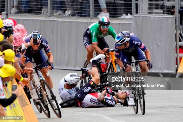 Peter Sagan of Slovakia and Team BORA - Hansgrohe & Caleb Ewan of Australia and Team Lotto Soudal involved in a crash at arrival, Tim Merlier of...