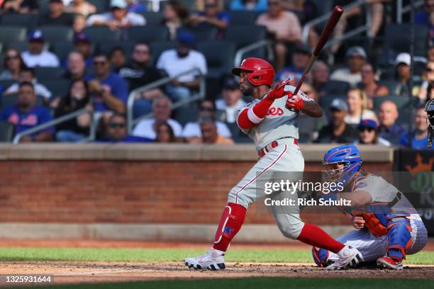 Andrew McCutchen of the Philadelphia Phillies in action during a game against the New York Mets at Citi Field on June 26, 2021 in New York City. The...