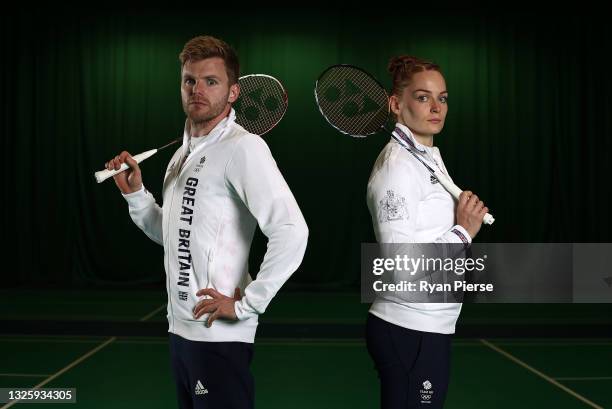 Marcus Ellis and Lauren Smith of Great Britain pose for a photo to mark the official announcement of the Badminton team selected to Team GB for the...