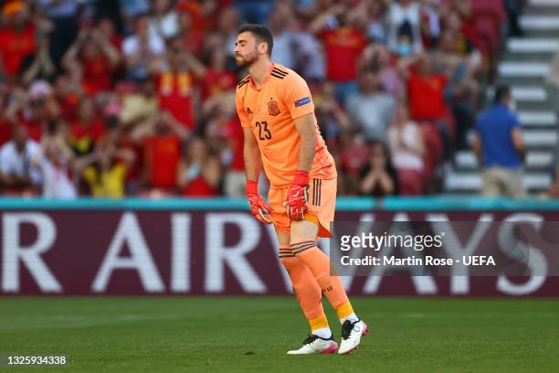 Unai Simon of Spain looks dejected after scoring an own goal for the Croatia first goal during the UEFA Euro 2020 Championship Round of 16 match...
