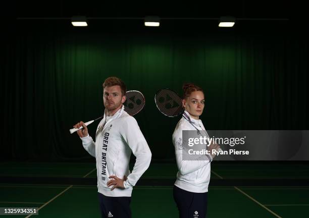 Marcus Ellis and Lauren Smith of Great Britain pose for a photo to mark the official announcement of the Badminton team selected to Team GB for the...