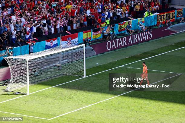 Unai Simon of Spain looks dejected after scoring an own goal for the Croatia first goal during the UEFA Euro 2020 Championship Round of 16 match...