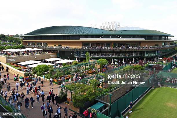 General view across the grounds of the recently refurbished Court 1 and it's roof during Day One of The Championships - Wimbledon 2021 at All England...