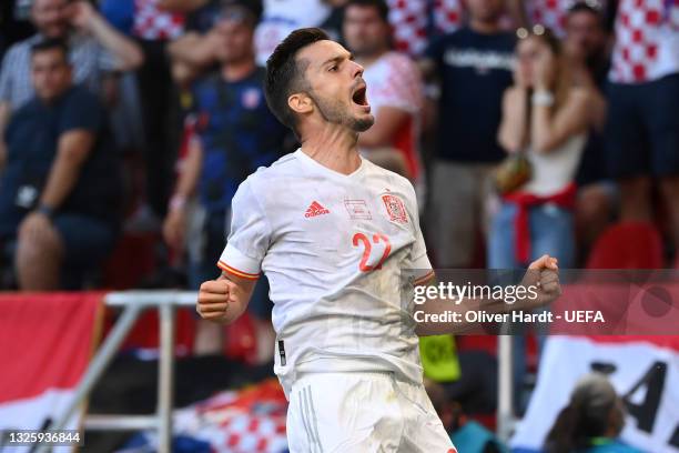 Pablo Sarabia of Spain celebrates after scoring their side's first goal during the UEFA Euro 2020 Championship Round of 16 match between Croatia and...