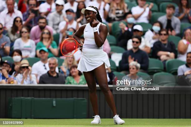 Sloane Stephens of The United States celebrates match point in her Ladies' Singles First Round match against Petra Kvitova of The Czech Republic...