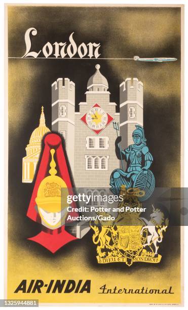 "London" poster depicting St Paul's Cathedral, the Tower of London, Britannia, the Royal coat of arms of the United Kingdom, and a Queenâ€™s Guard...