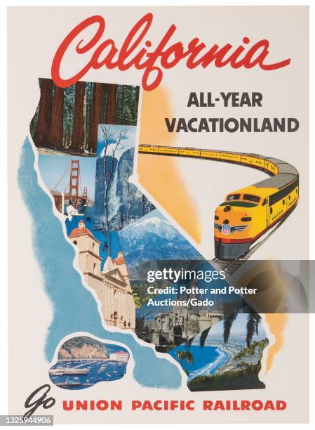 "California" poster depicting a train speeding toward a state silhouette with a photo montage of redwoods, beaches, mountains, Mission Revival...