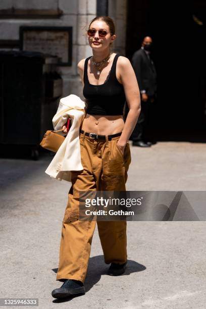 Gigi Hadid is seen arriving for the Marc Jacobs Fashion Show at the New York Public Library on June 28, 2021 in New York City.