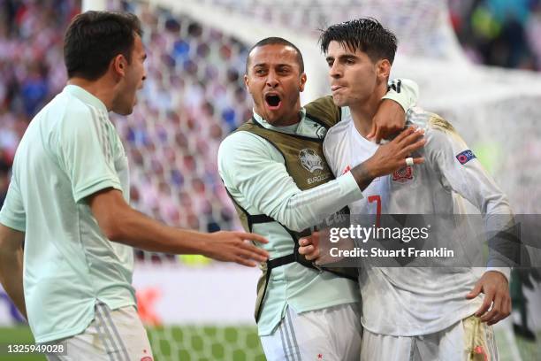 Alvaro Morata of Spain celebrates with Thiago Alcantara after scoring their side's fourth goal during the UEFA Euro 2020 Championship Round of 16...