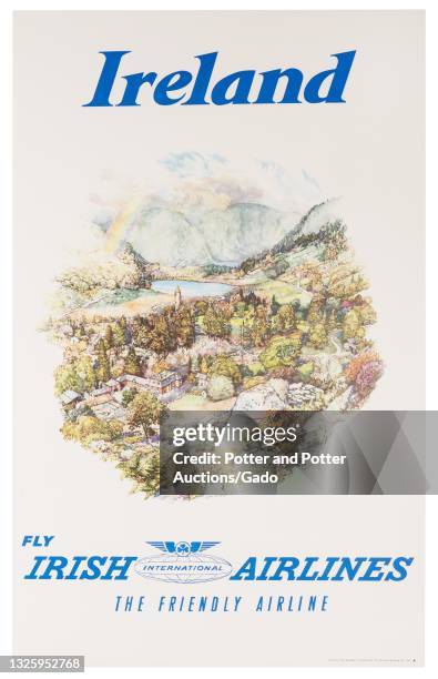 "Ireland" poster depicting a rainbow arching over mountains, a lake, and the monastery town of Glendalough in County Wicklow, designed by Cowern for...
