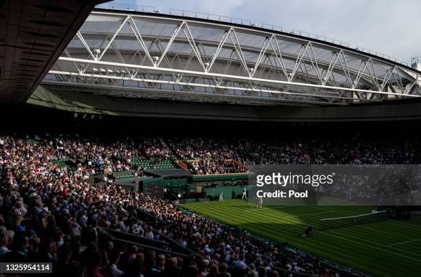 General view of centre court during the Men's Singles First Round match between Andy Murray of Great Britain and Nikoloz Basilashvili of Georgia...
