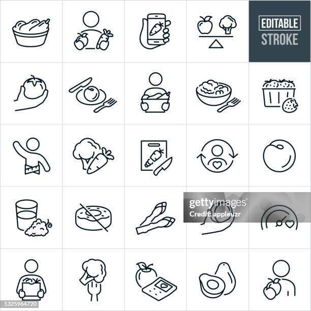 ilustraciones, imágenes clip art, dibujos animados e iconos de stock de iconos de línea delgada de healthy eating - trazo editable - healthy lifestyle