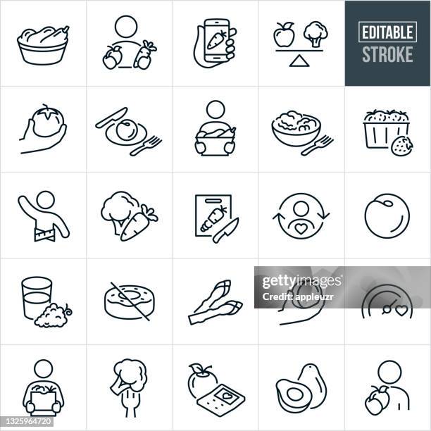 healthy eating thin line icons - editable stroke - black and white vegetables stock illustrations