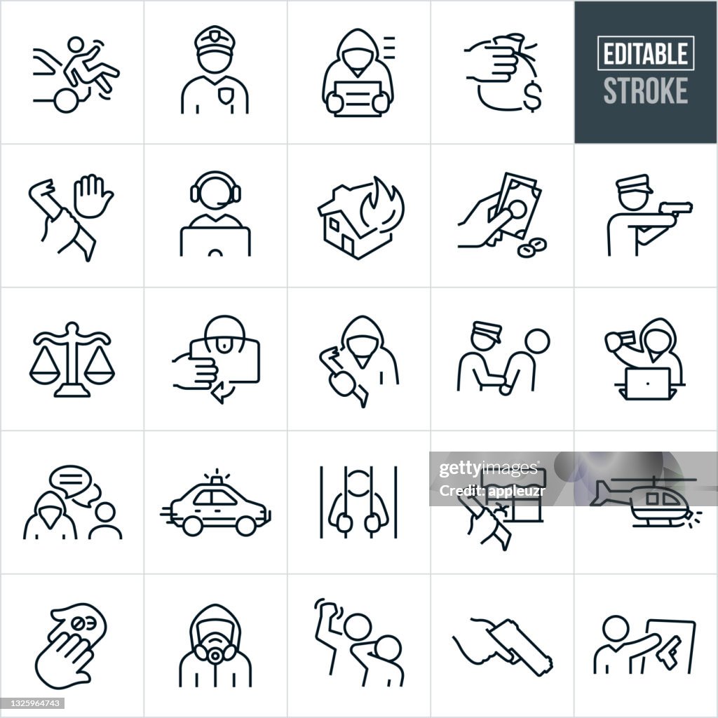 Iconos de línea delgada de crimen: trazo editable