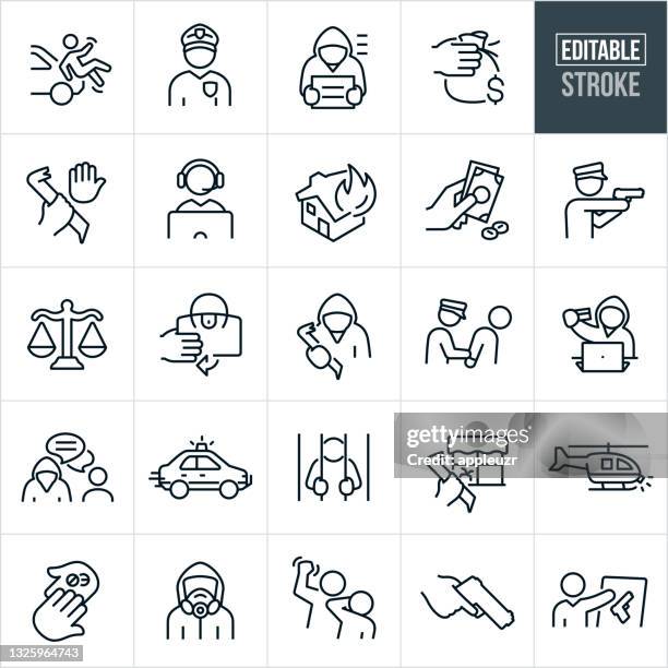 crime thin line icons - editable stroke - person in jail stock illustrations