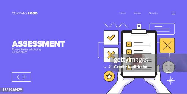 illustrazioni stock, clip art, cartoni animati e icone di tendenza di concetto di valutazione per landing page, banner del sito web, pubblicità online, materiale pubblicitario e di marketing - survey