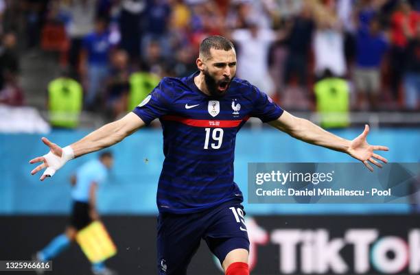 Karim Benzema of France celebrates after scoring their side's first goal during the UEFA Euro 2020 Championship Round of 16 match between France and...