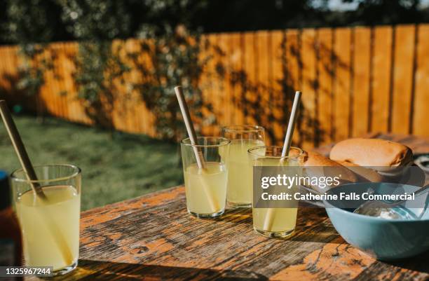 diluted orange juice in glasses with bamboo straws on a picnic table - table de pique nique photos et images de collection