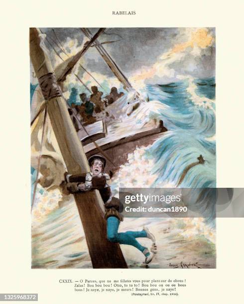 stockillustraties, clipart, cartoons en iconen met francois rabelais, how pantagruel met with a great storm at sea. - sinking