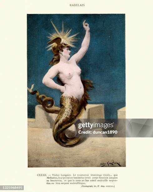 melusine, oder melusina weiblicher geist des süßwassers in einem heiligen brunnen oder fluss, europäische folklore - literatur stock-grafiken, -clipart, -cartoons und -symbole