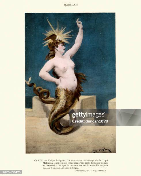 melusine, or melusina female spirit of fresh water in a holy well or river, european folklore - literature illustration stock illustrations