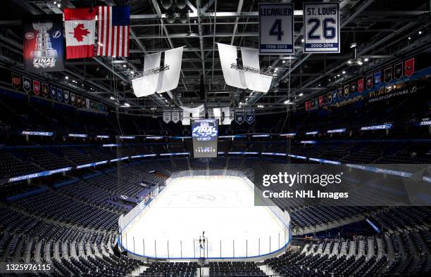 General view of the rink inside Amalie Arena before the morning skates for Game One of the 2021 Stanley Cup Final between the Montreal Canadiens and...