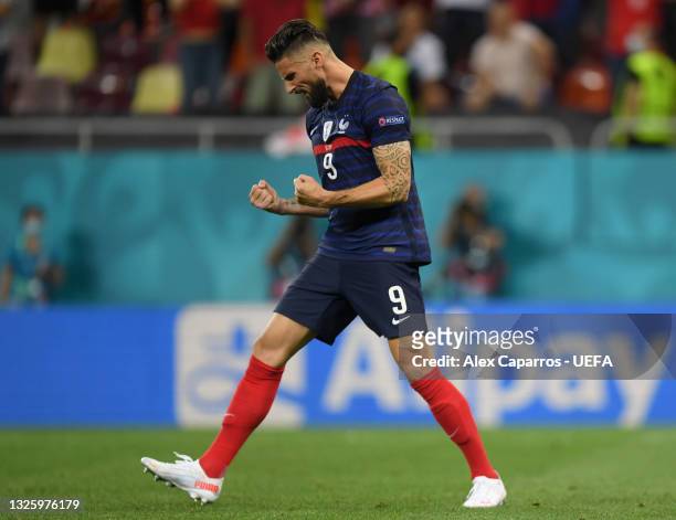 Olivier Giroud of France celebrates scoring their team's second penalty in the penalty shoot out during the UEFA Euro 2020 Championship Round of 16...