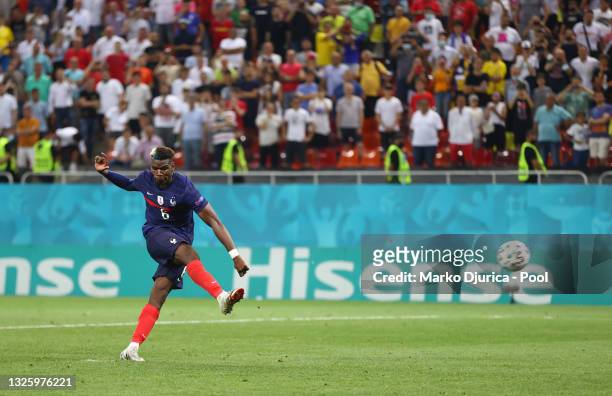 Paul Pogba of France scores their team's first penalty in the penalty shoot out during the UEFA Euro 2020 Championship Round of 16 match between...