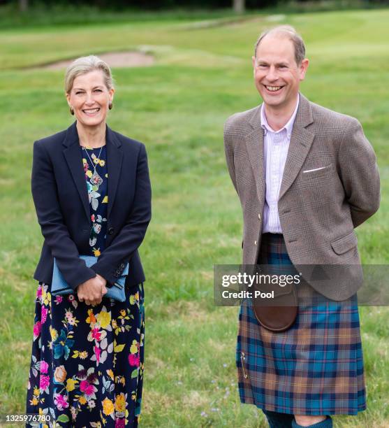 Prince Edward, Earl of Wessex and Sophie, Countess of Wessex visit Forfar Golf Club to mark the 150th anniversary of the club on June 28, 2021 in...
