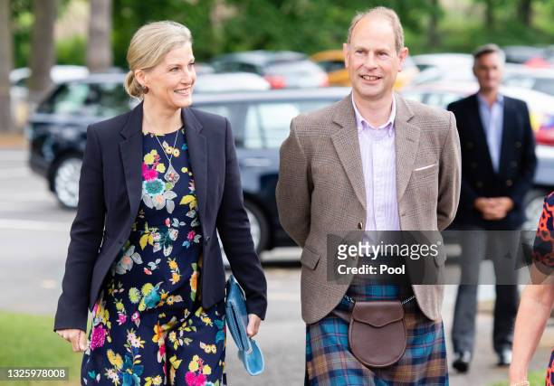 Prince Edward, Earl of Wessex and Sophie, Countess of Wessex visit Forfar Golf Club to mark the 150th anniversary of the club on June 28, 2021 in...