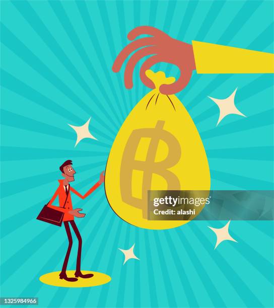 bildbanksillustrationer, clip art samt tecknat material och ikoner med giant hand (big business, government) giving the small businessman a big money bag with a thai baht currency sign - thailändskt ursprung