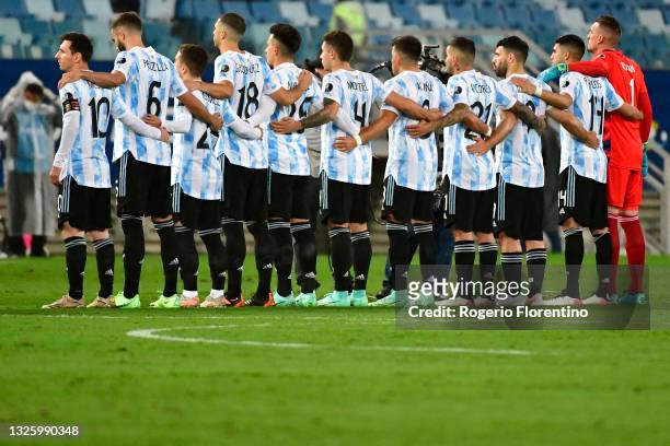 Players of Argentina line up for the national anthem prior to a Group A match between Argentina and Bolivia as part of Copa America 2021 at Arena...