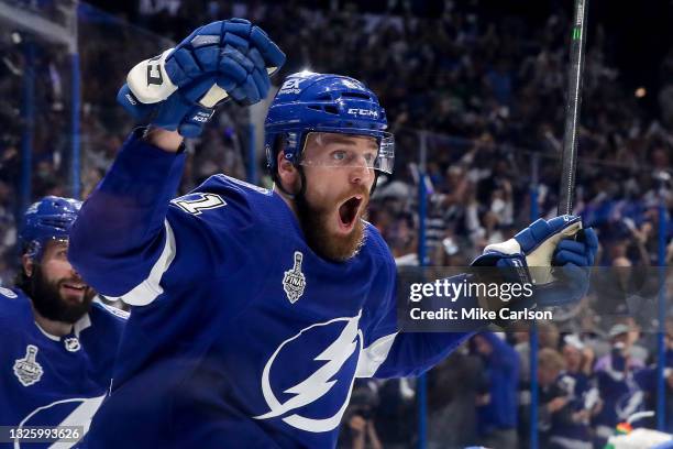 Erik Cernak of the Tampa Bay Lightning celebrates after scoring a goal against the Montreal Canadiens during the first period in Game One of the 2021...