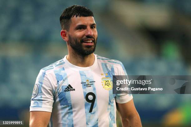 Sergio Agüero of Argentina gestures during a Group A match between Argentina and Bolivia as part of Copa America 2021 at Arena Pantanal on June 28,...