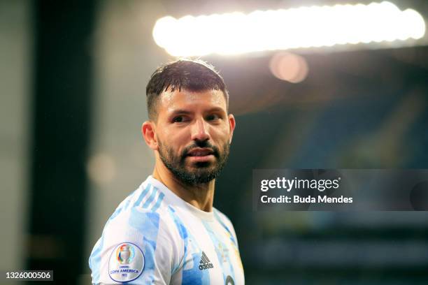 Sergio Agüero of Argentina gestures during a Group A match between Argentina and Bolivia as part of Copa America 2021 at Arena Pantanal on June 28,...