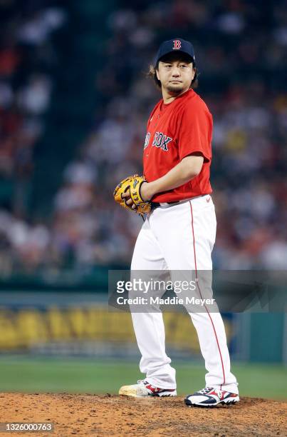 Hirokazu Sawamura of the Boston Red Sox looks on during the seventh inning against the Kansas City Royals at Fenway Park on June 28, 2021 in Boston,...