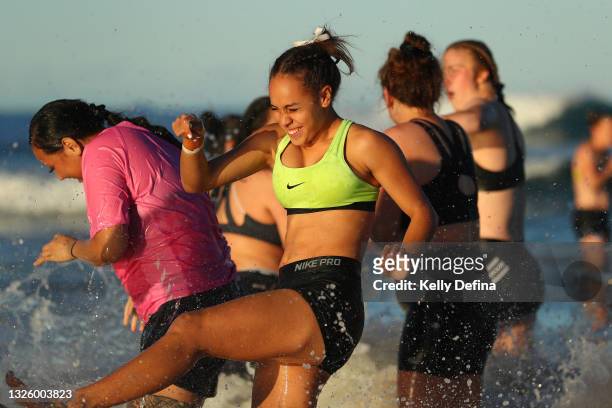 Kelera Ratu of the Rebels reacts during a Melbourne Rebels Super W team beach recovery session on June 27, 2021 in Coffs Harbour, Australia.