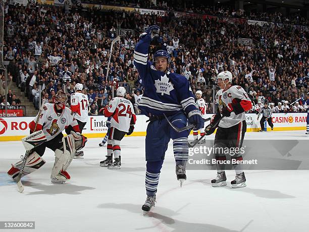 Tyler Bozak of the Toronto Maple Leafs scores at 17:18 of the first period against the Ottawa Senators at the Air Canada Centre on November 12, 2011...