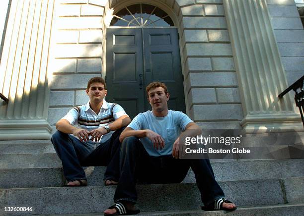 Founder of Facebook.com Mark Zuckerberg, right, and Dustin Moscovitz, co-founder, left; have their photo taken at Harvard Yard. The two are students...