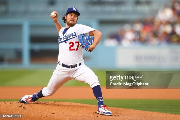 Trevor Bauer of the Los Angeles Dodgers throws the first pitch in the first inning against the San Francisco Giants at Dodger Stadium on June 28,...