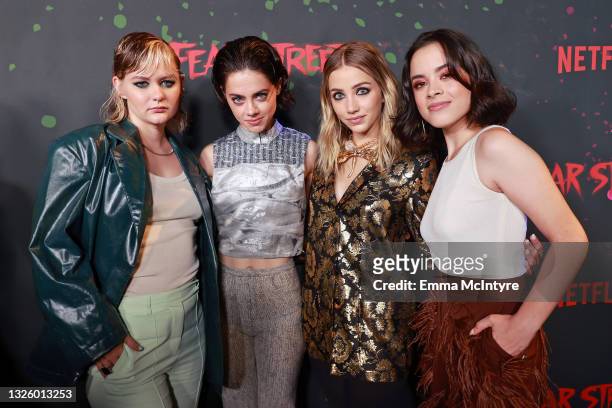 Ryan Simpkins, Elizabeth Scopel, Emily Rudd, and Julia Rehwald attend the pre party for the Premiere of Netflix's "Fear Street Trilogy" at Los...