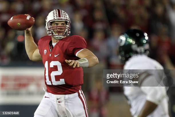 Quarterback Andrew Luck of the Stanford Cardinal passes the ball in the first half against the Oregon Ducks at Stanford Stadium on November 12, 2011...
