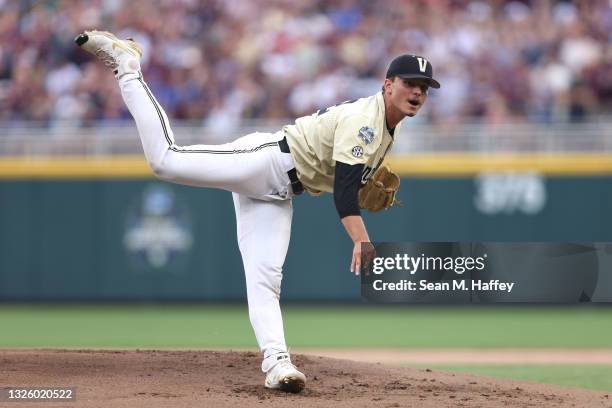 Jack Leiter of the Vanderbilt Commodores pitches in the first inning during game one of the College World Series Championship against the Mississippi...