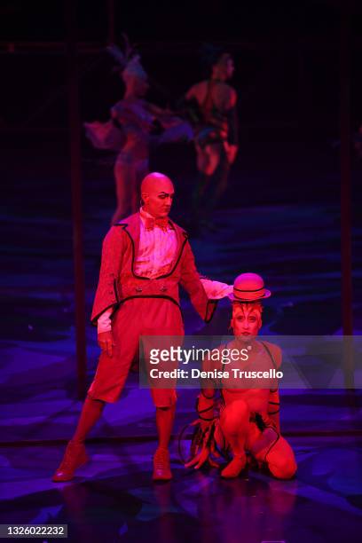 Cirque du Soleil's "Mystère" artists perform at the re-opening of "Mystère" at TI on June 28, 2021 in Las Vegas, Nevada. The show temporarily closed...