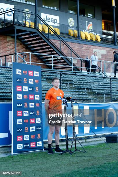 Jacob Hopper of the Giants speaks to the media before a GWS Giants AFL training session at Punt Road Oval on June 29, 2021 in Melbourne, Australia.