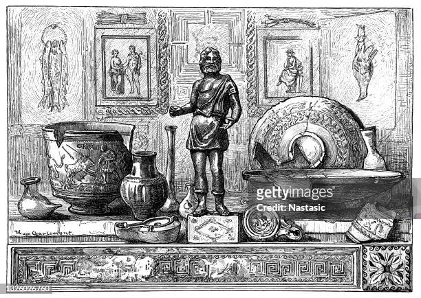 roman finds: clay vessels, bronze and glass objects - vintage brooch stock illustrations