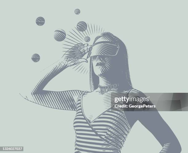 young woman using virtual reality simulator - virtual headset stock illustrations