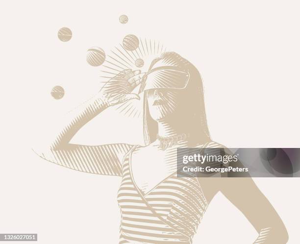 young woman using virtual reality simulator - virtual headset stock illustrations