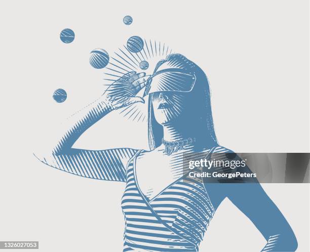 young woman using virtual reality simulator - virtual headset stock illustrations