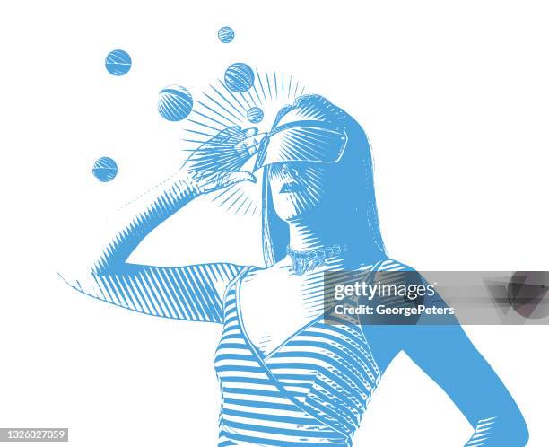 young woman using virtual reality simulator - virtual headset stock illustrations